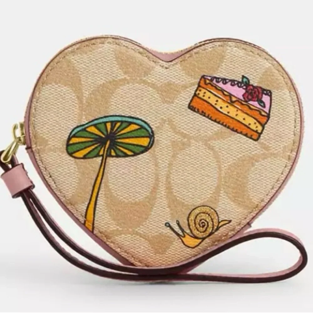 Coach X Observed By Us NWT Heart Coin Case In Signature Canvas in tan and pink - Picture 1 of 8